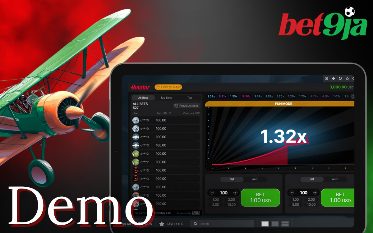 The demo version of the game Aviator is available at Bet9ja